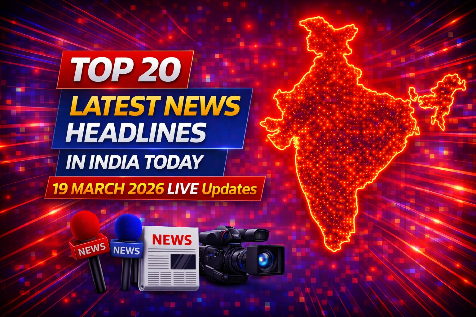 Top 20 latest news headlines in India today 19 March 2026 national updates infographic